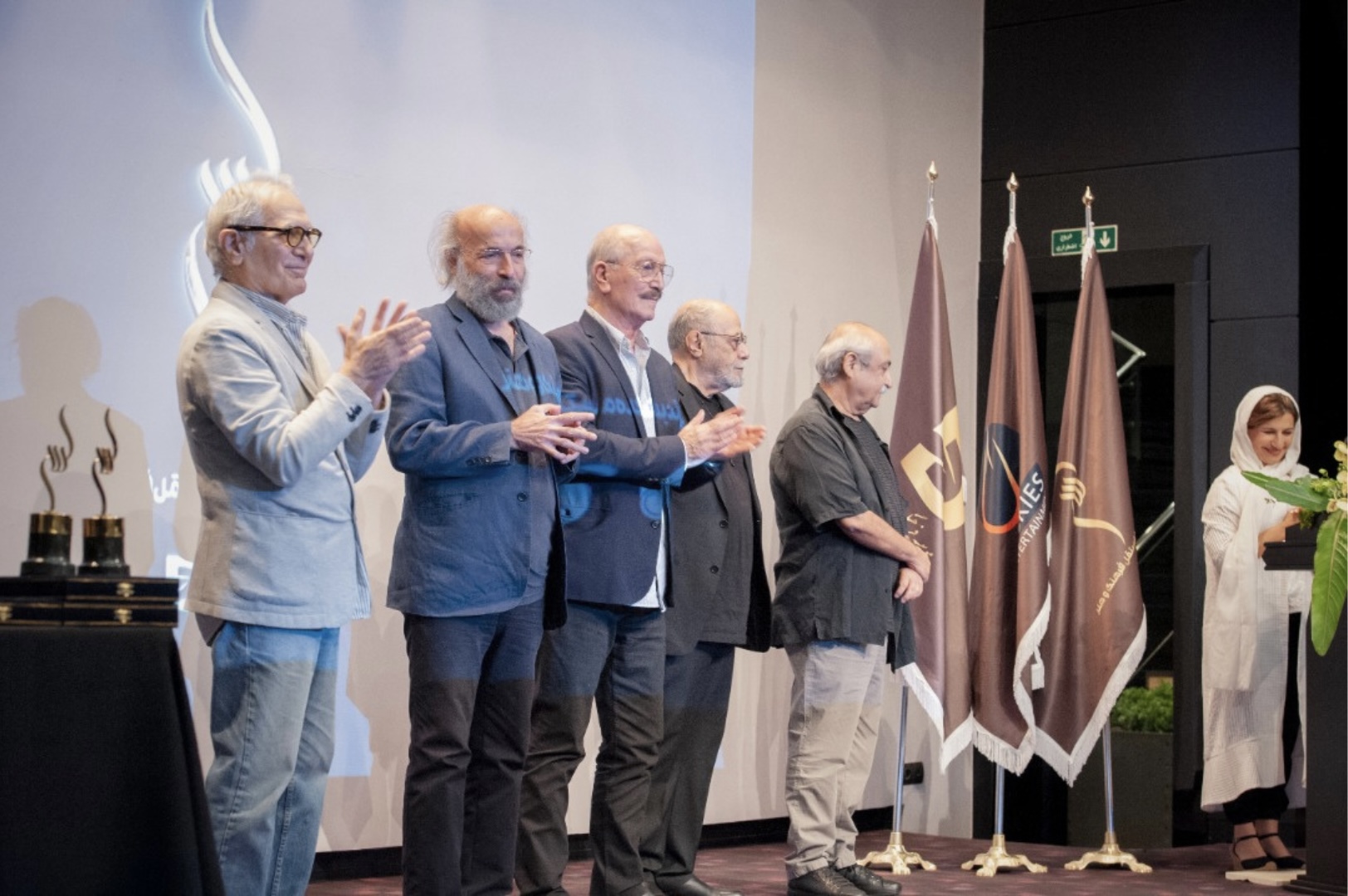 From left to right are Festival Jury members Iranian cinematographer Mahmood Kalari, Iranian director Kianoosh Ayari, Iranian actors Saeed Raad and Akbar Zanjanpour, Iranian film editor Bahram Dehghan, and Iranian actress Leyli Rashidi