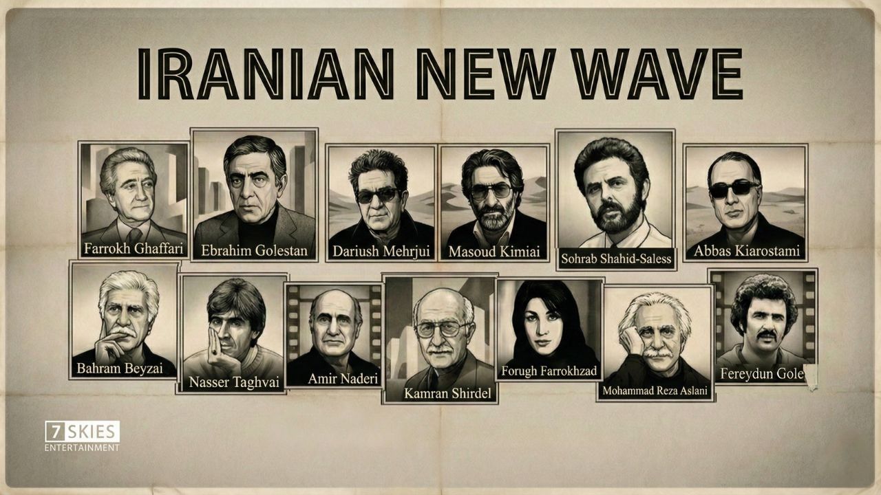 A collage of Iranian New Wave filmmakers, including Farrokh Ghaffari, Ebrahim Golestan, Dariush Mehrjui, Masoud Kimiaei, Sohrab Shahid Saless, Abbas Kiarostami, Bahram Beyzaie, Nasser Taghvai, Amir Naderi, Kamran Shirdel, Forough Farrokhzad, Mohammad Reza Aslani, and Fereydoun Goleh.