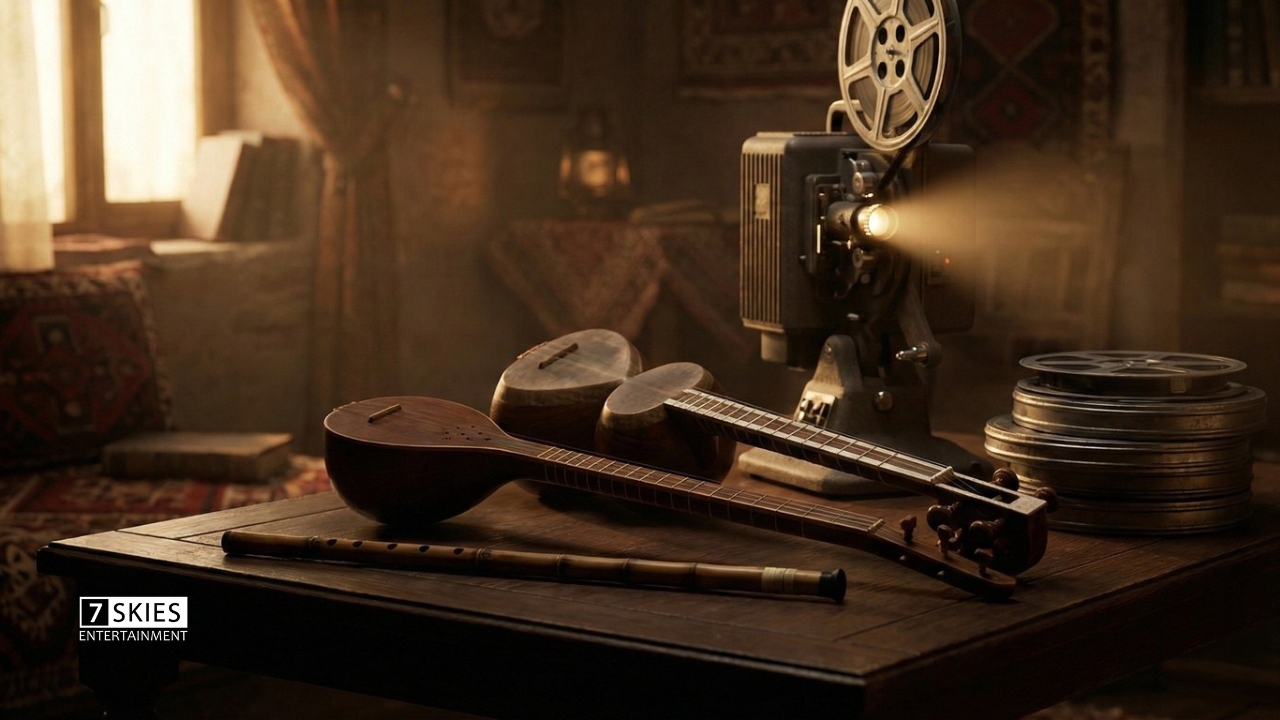 Traditional Iranian musical instruments beside an old film projector representing the role of film score in Iranian cinema