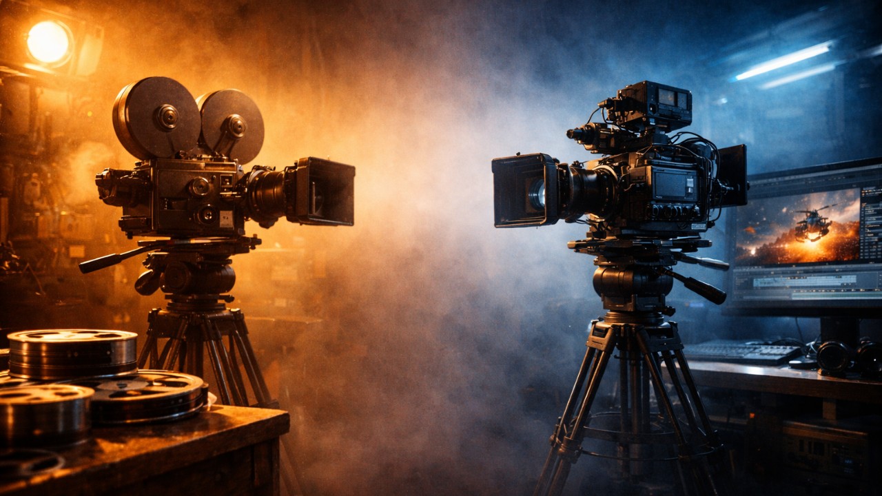 Evolution of Iranian Cinema Technology: Traditional to Digital Cinematic transition from vintage film cameras to high-tech digital equipment for Seven Skies article on Iranian filmmaking technology.